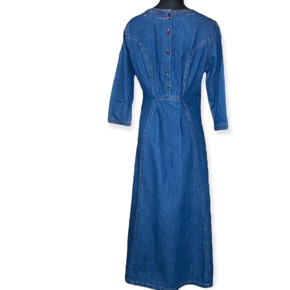 Vintage Chambray Maxi Dress Floral Embroidery Size M - Picture 3 of 5